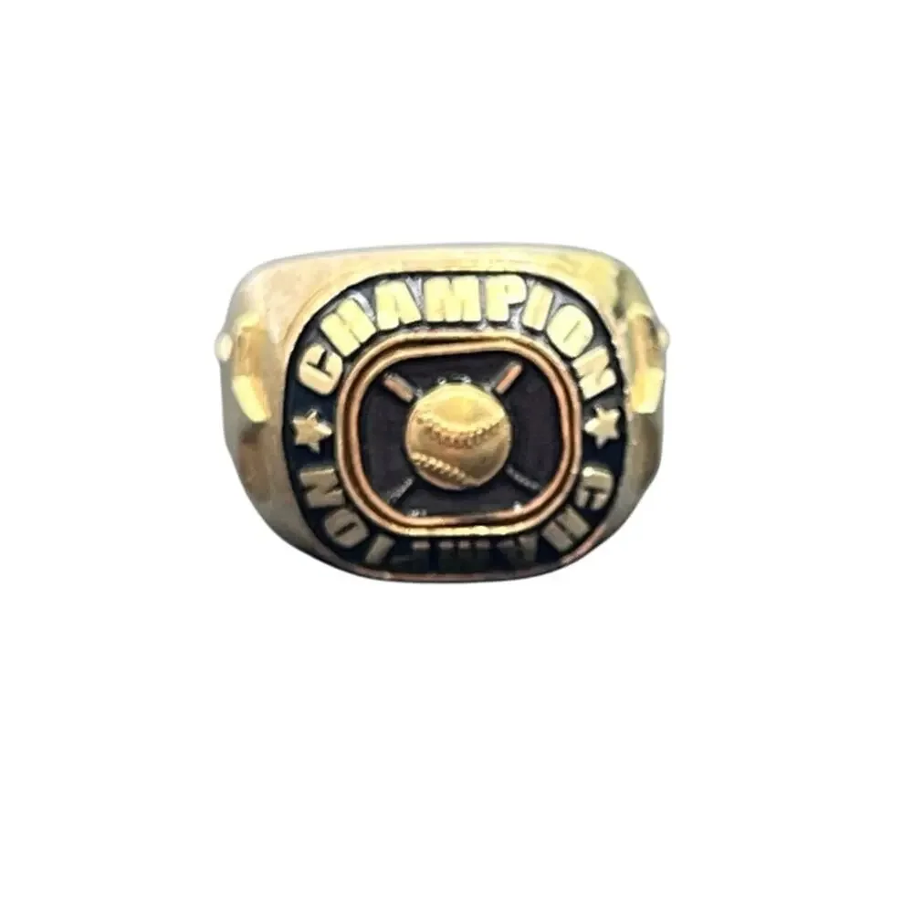 Gold Black Enamel Champions‎ Award Baseball Ring with 3D Design Sz 9 3/4